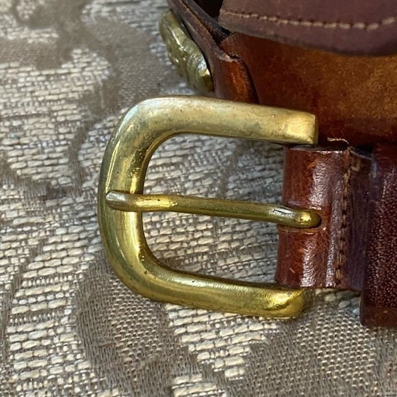 Vintage Distressed Leather Belt Brass Helm Concho Brown Unisex Size waist 34" - Picture 3 of 8
